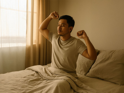 A Filipino man stretching in bed at sunrise, symbolizing natural morning erections and overall male wellness.